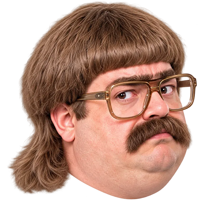 Gary: a mullet, a moustache, large vintage glasses and a skeptical look.